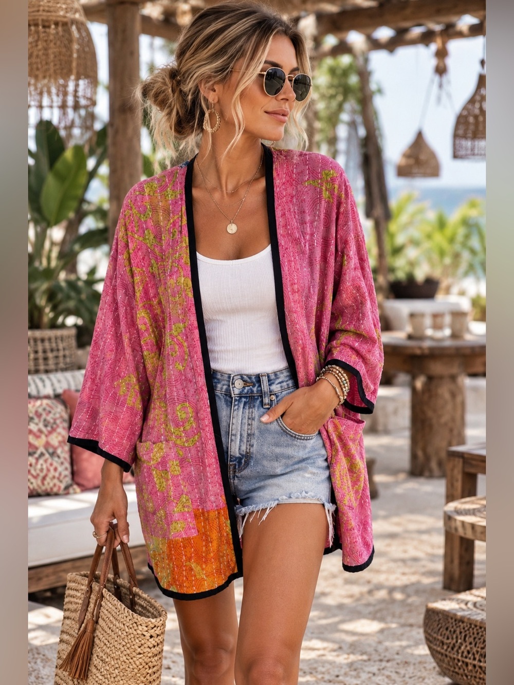 WEVEZ Kantha Jacket Kimono Pink Patchwork Reversible Boho Cotton One Size OS